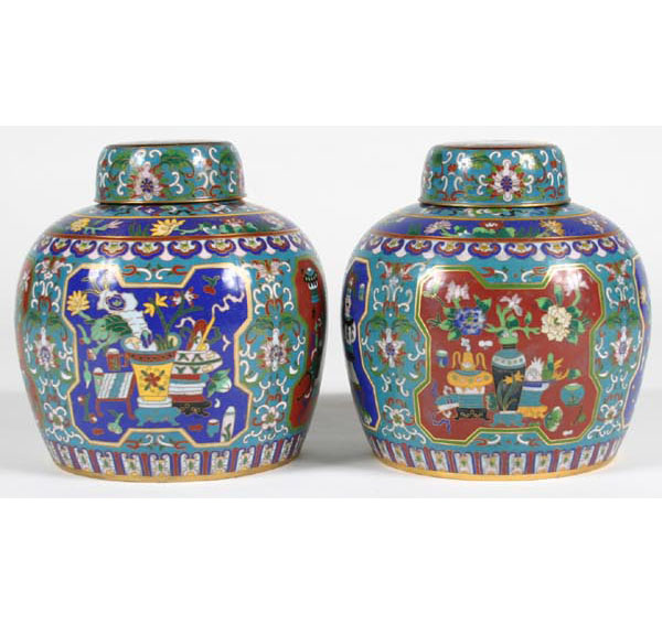 Appraisal: Chinese ginger jars pair cloisonne lidded containers scenic medallions profuse