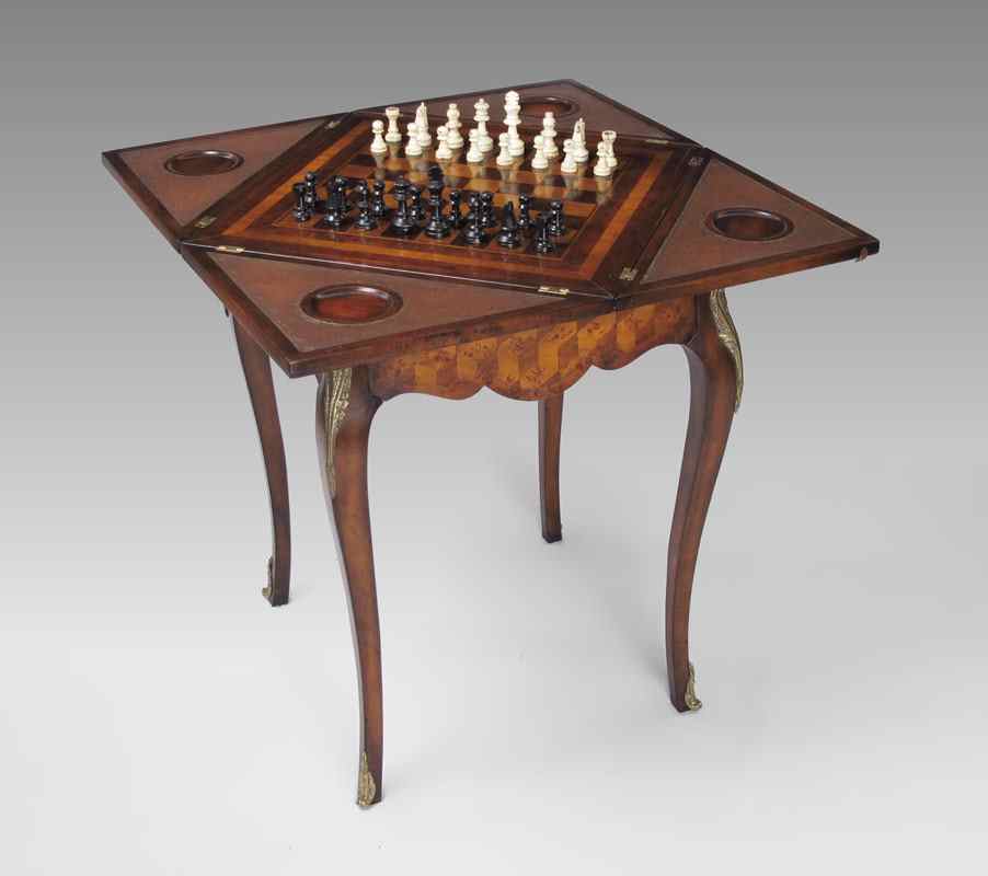 Appraisal: FRENCH CHESS BOARD GAME TABLE Parquetry top opens to reveal