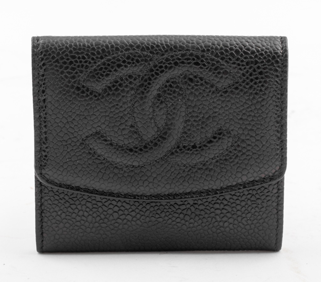 Appraisal: CHANEL BLACK CAVIAR LEATHER FOLDING WALLET Black caviar leather folding