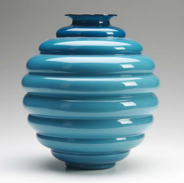 Appraisal: VENINI Large beehive-shaped glass vase in shaded teal Etched Venini