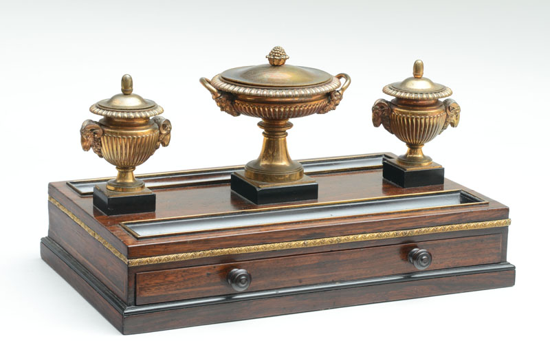 Appraisal: REGENCY GILT-BRONZE MOUNTED ROSEWOOD AND EBONIZED INKSTAND ATTRIBUTED TO BENJAMIN