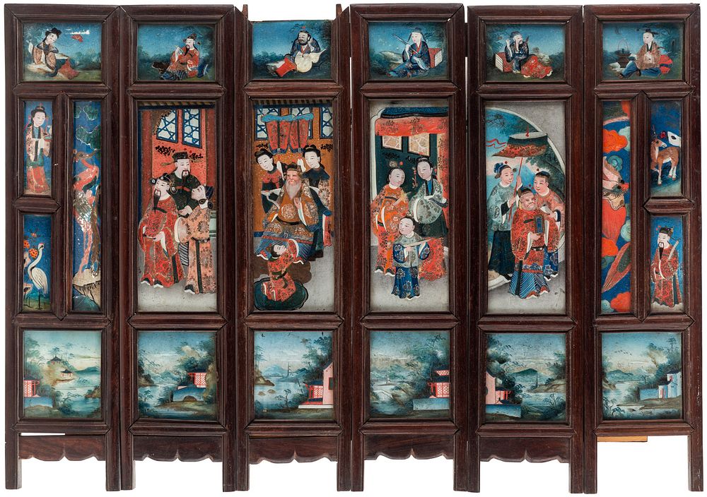 Appraisal: A CHINESE SIX-PANEL SCREEN DEPICTING THE TALE OF GENJI LATE