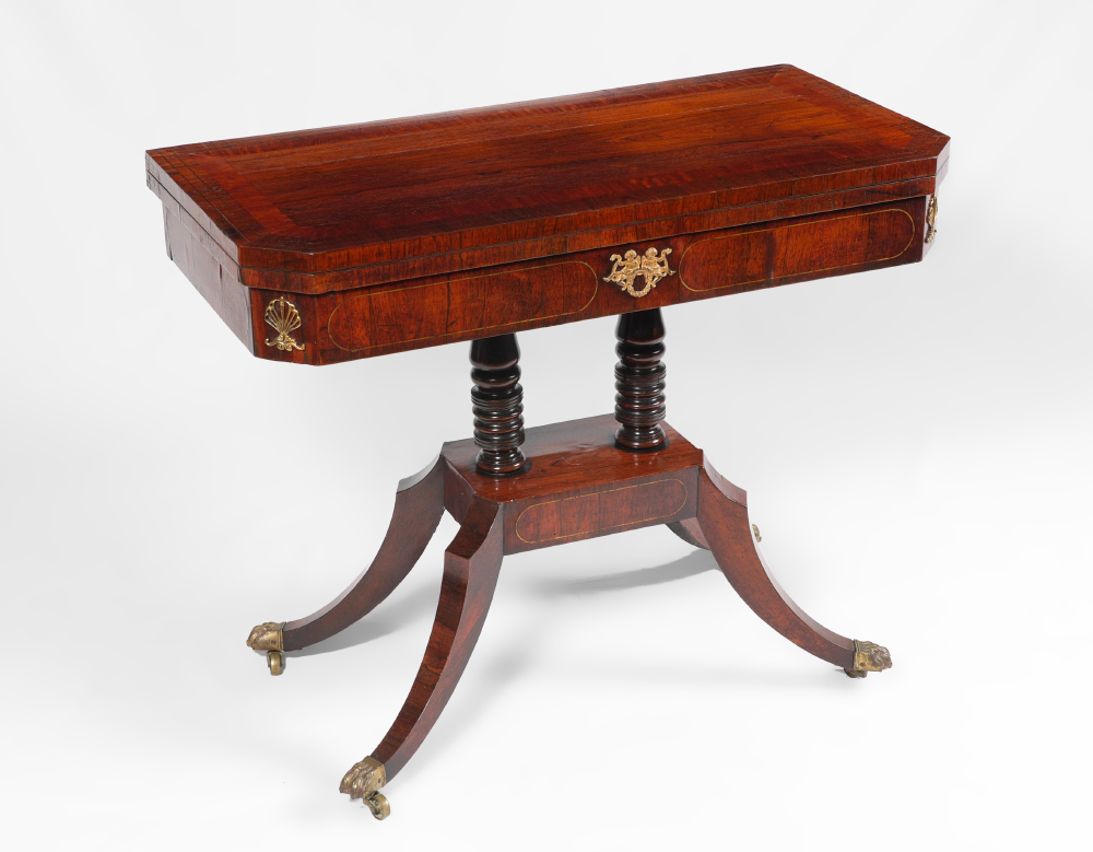 Appraisal: ENGLISH REGENCY ROSEWOOD CARD TABLE Circa rosewood and satinwood banding