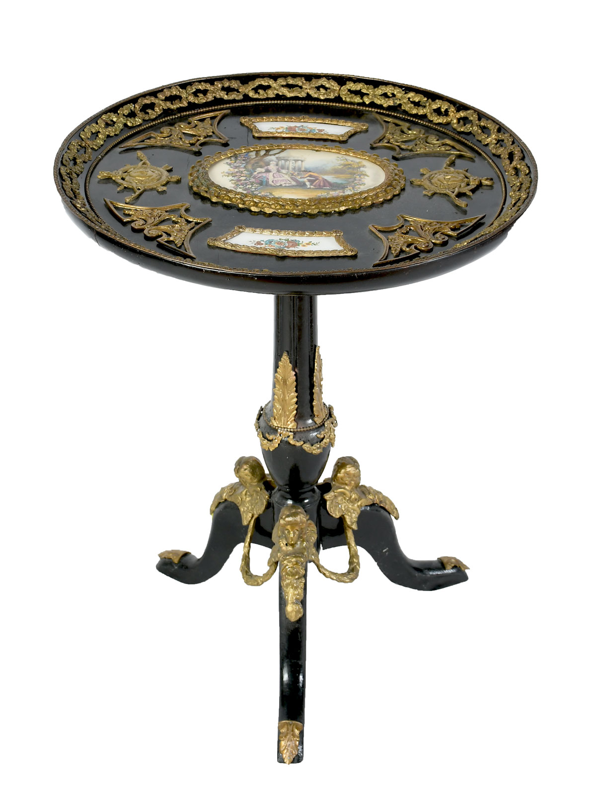 Appraisal: ITALIAN TILT-TOP LACQUER TABLE WITH PORCELAIN INSETS Black lacquered metal