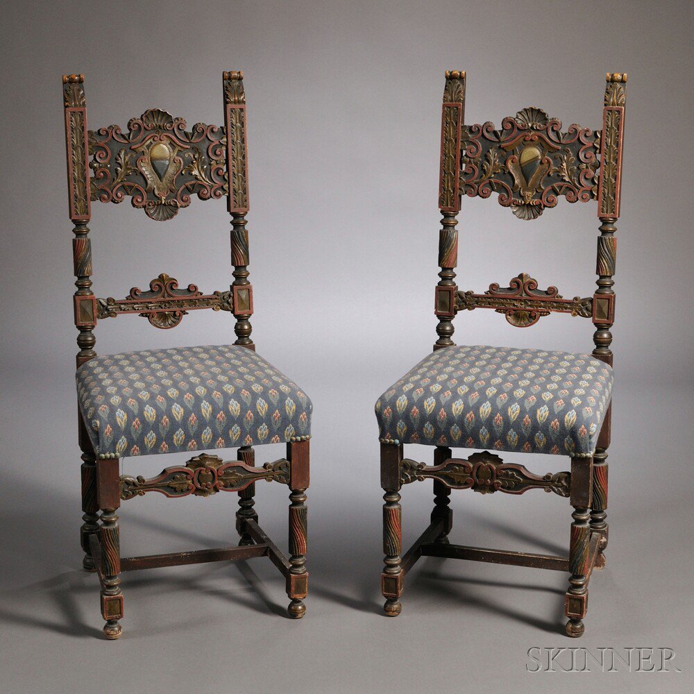 Appraisal: Pair of Polychrome Painted Renaissance-style Side Chairs th century each