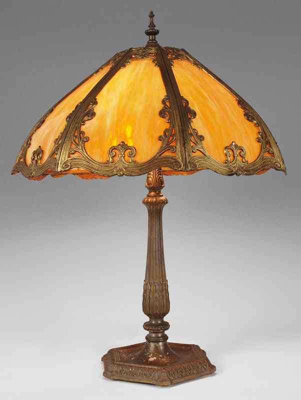 Appraisal: VINTAGE SLAG GLASS TABLE LAMP The domed shade having panels