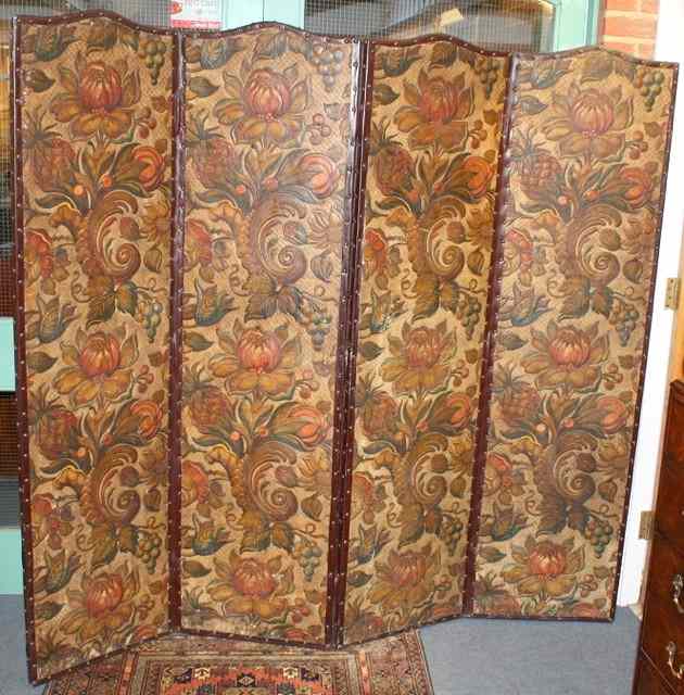 Appraisal: AN EMBOSSED LEATHER FOUR FOLD DRAUGHT SCREEN decorated with trailing