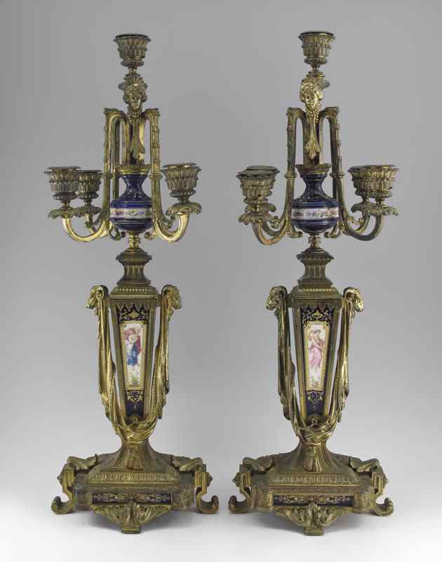 Appraisal: PAIR OF FRENCH th C BRONZE AND PORCELAIN CANDELABRA Featuring