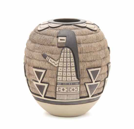 Appraisal: A Hopi Small Jar depicting corn maidens and clouds inscribed