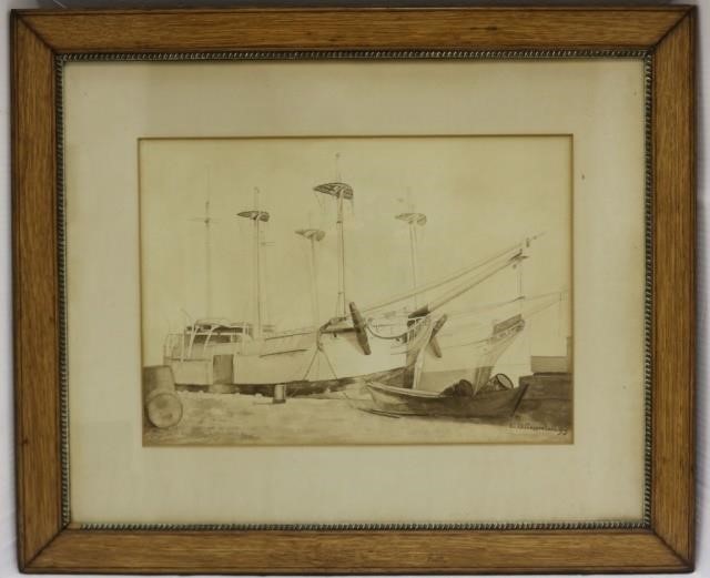 Appraisal: E B COGGESHALL FAIRHAVEN ARTIST FRAMEDSEPIA WATERCOLOR DEPICTING WHALE SHIPS