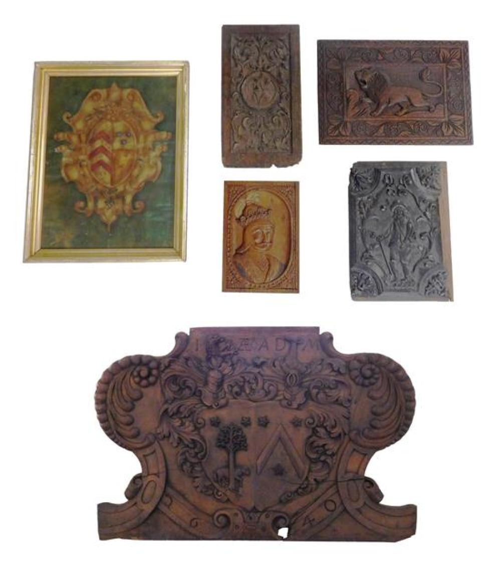 Appraisal: Five wooden carved panels including largest with crest at center