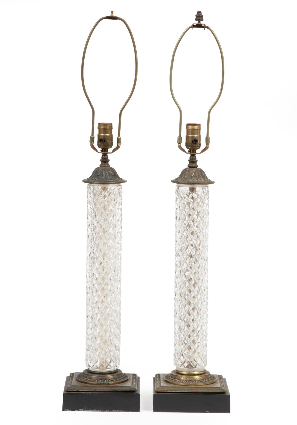 Appraisal: Pair of Contemporary Cut Glass and Brass Table Lamps cylinder