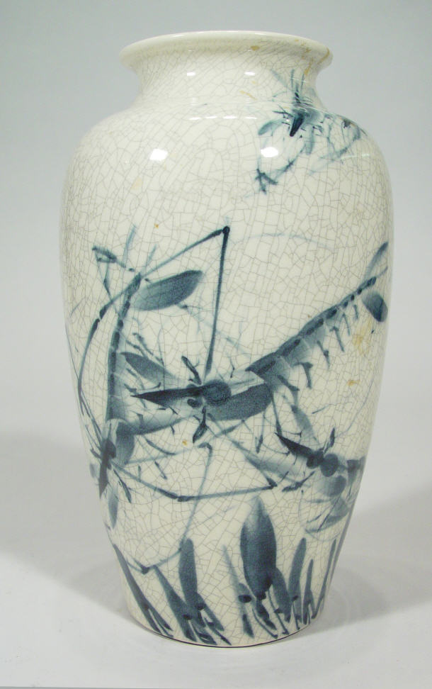 Appraisal: Oriental pottery vase decorated with blue locusts and grasshoppers cm