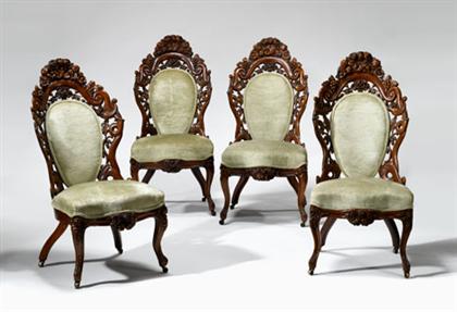 Appraisal: Four rococo revival carved Fountain Elm side chairs john henry