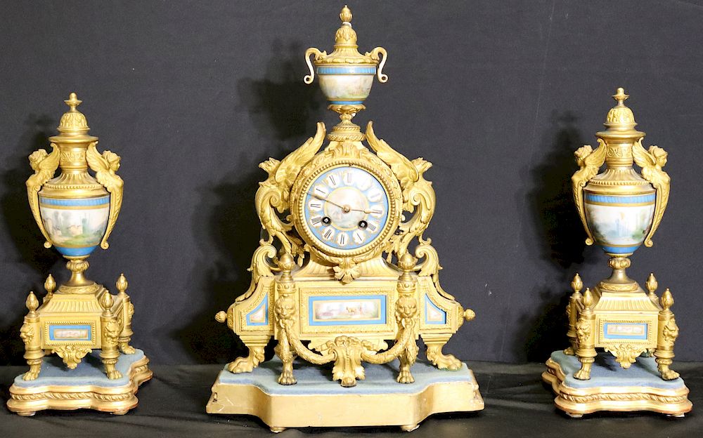 Appraisal: Signed Dore Bronze Clock Garniture Set With Sevres Porcelain Inserts