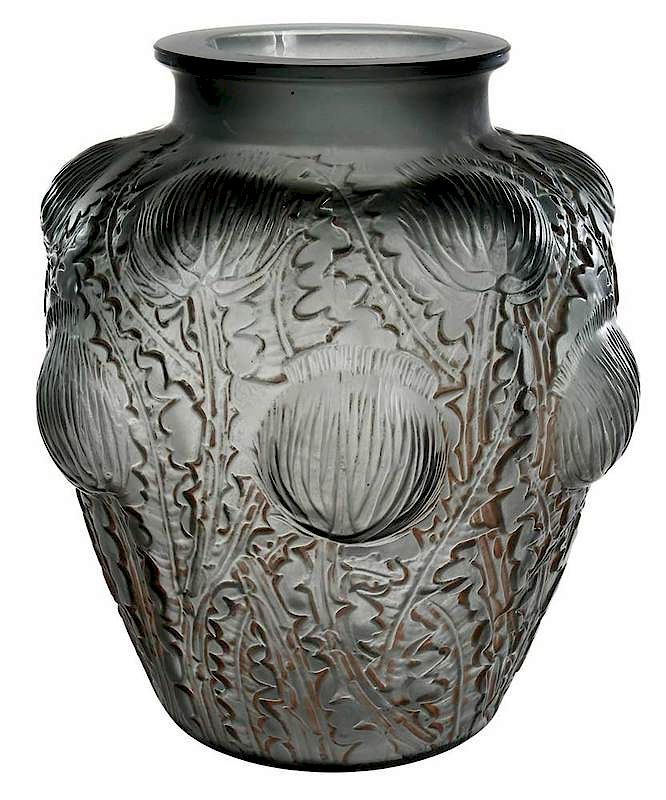 Appraisal: R Lalique Smokey Topaz Domremy Glass Vase with orange patination