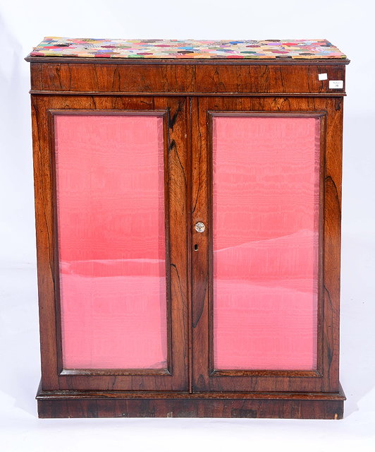 Appraisal: A VICTORIAN ROSEWOOD SIDE CABINET with patchwork top glazed panelled