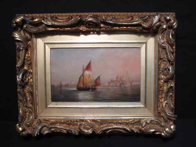 Appraisal: th century oil on canvas marine painting harbor scene with