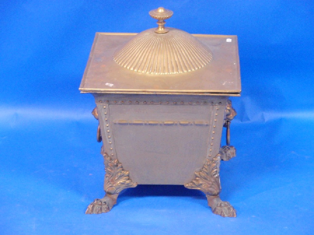 Appraisal: A square brass coal bin and cover with tapered riveted