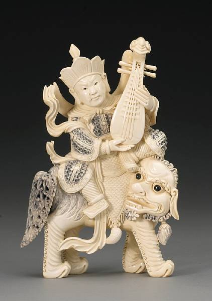 Appraisal: A pieced and tinted ivory guardian general th Century Possibly