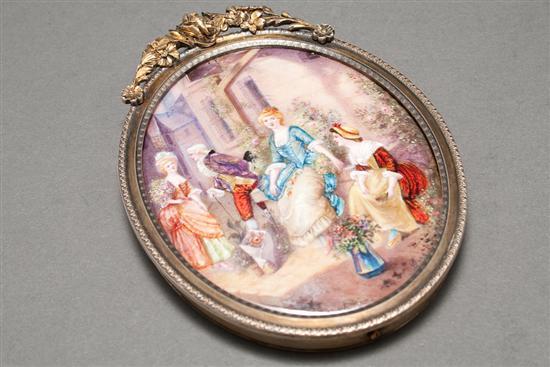 Appraisal: Limoges enamel miniature plaque depicting an century courting scene late