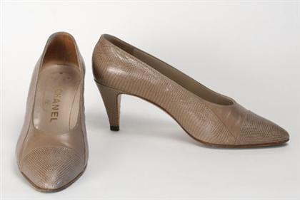 Appraisal: Chanel taupe pumps Spectator height leather and reptile classic shaped