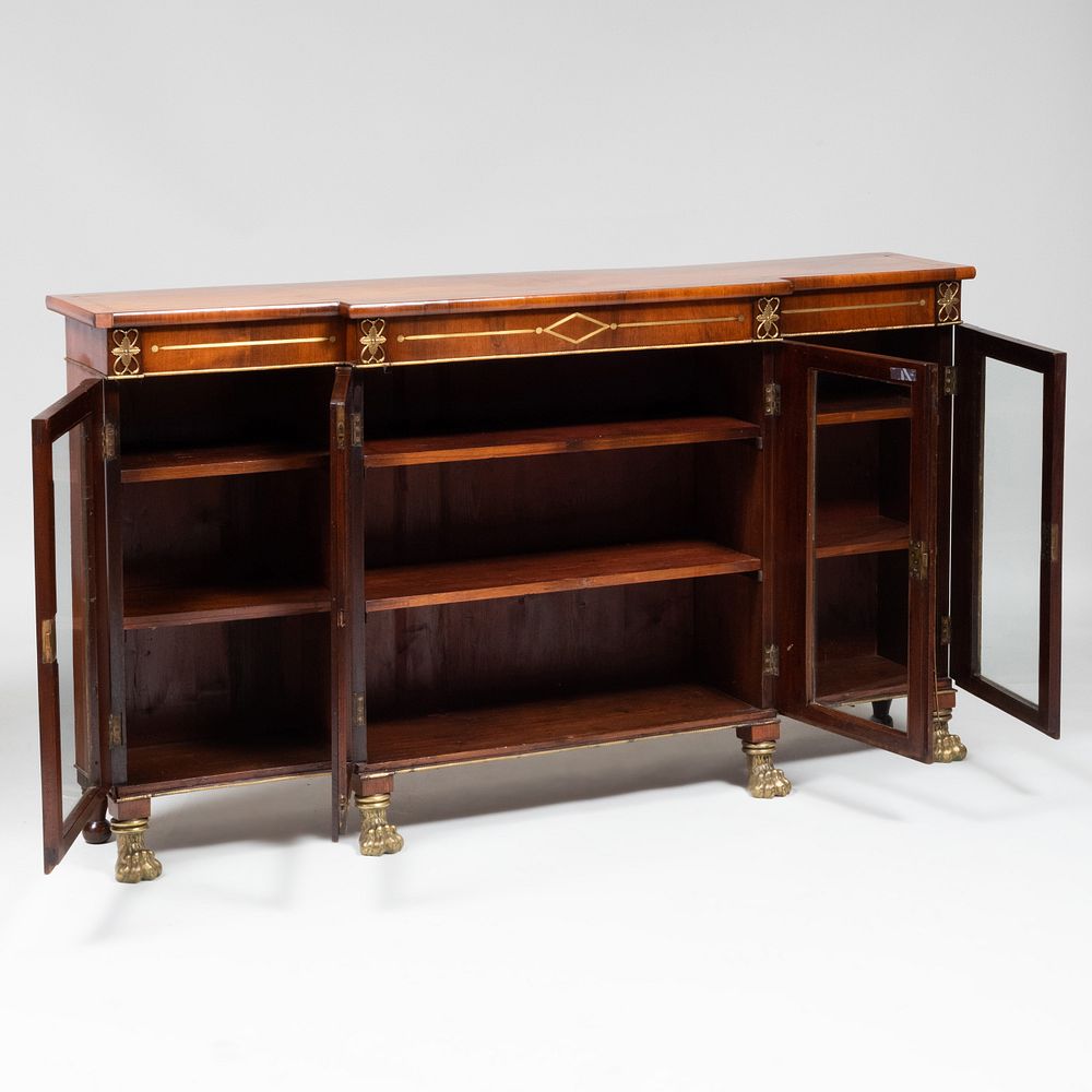 Appraisal: Regency Brass-Inlaid Rosewood Breakfront Cabinet Fitted with shelves and raised