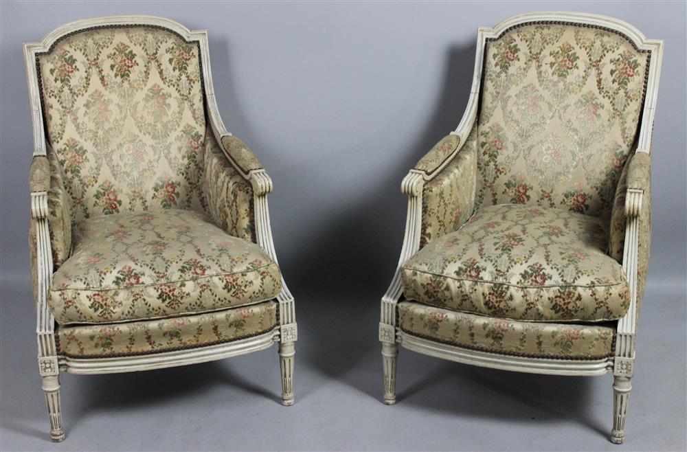 Appraisal: PAIR OF LOUIS XVI STYLE CREAM PAINTED BERGERES A LA