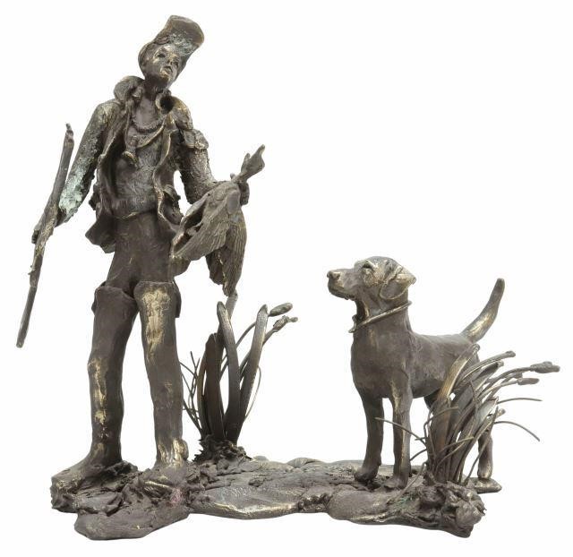 Appraisal: Patinated bronze sculpture Hunting Boy and Dog with Game Bird