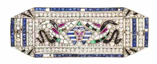 Appraisal: An Art Deco Egyptian Revival Platinum Diamond and Multi Gem