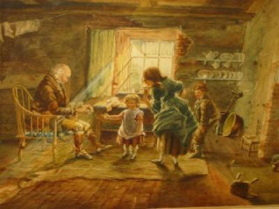 Appraisal: ENGLISH SCHOOL Cottage Interior with Figures signed with monogram th