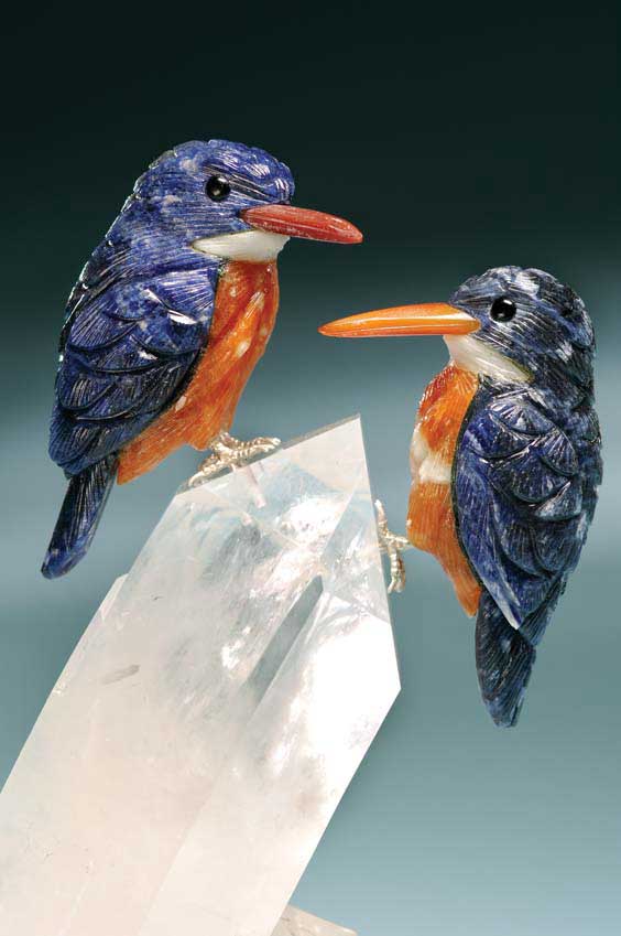 Appraisal: COLORFUL SODALITE KINGFISHERS Artist Peter Muller Brazil A composition combining