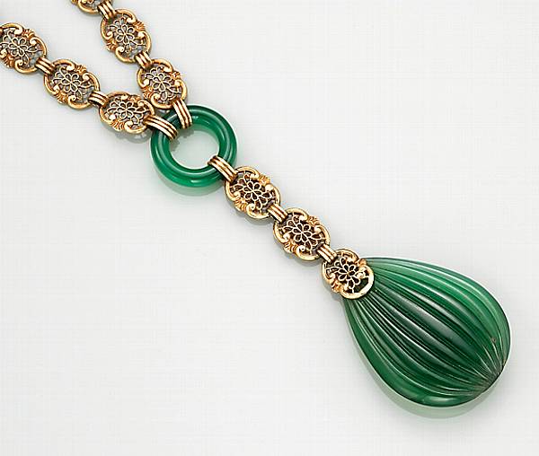 Appraisal: A dyed green chalcedony and fourteen karat gold necklace Bippart