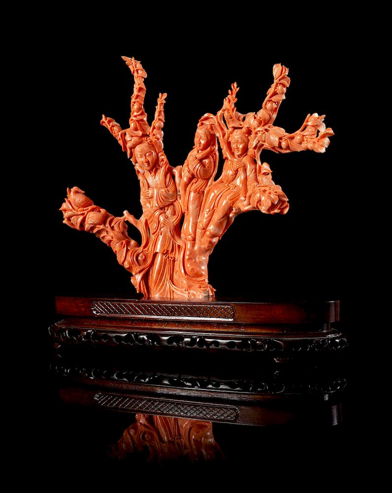 Appraisal: A Large Red Coral Figural Group of Female Immortals Length