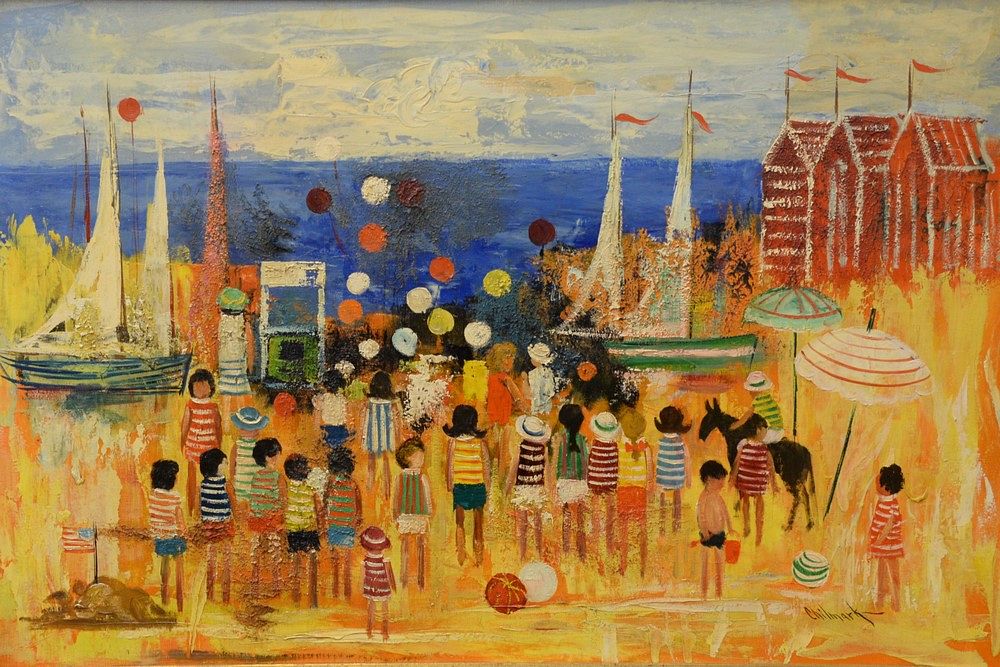 Appraisal: American School th Century Children with Balloons at the Pier