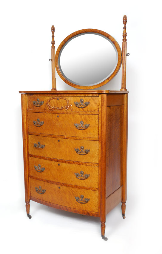 Appraisal: DRAWER BIRDS EYE MAPLE MIRRORED TALL CHEST Beveled glass mirror