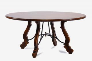 Appraisal: Burlwood table with iron stretcher base Burlwood circular table supported