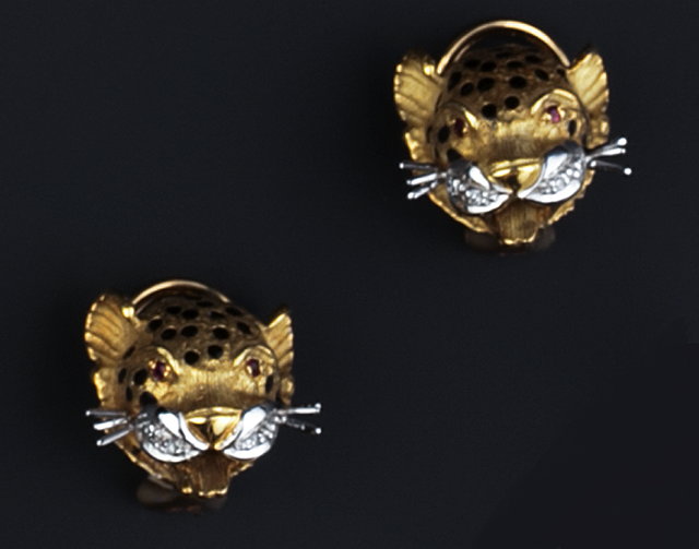 Appraisal: A PAIR OF ENAMEL AND GEM SET EARCLIPS each modelled