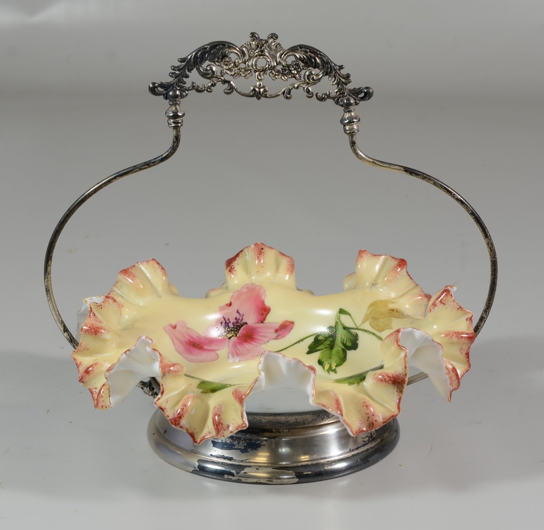 Appraisal: Enameled ruffled glass brides basket in silver plated stand unmarked