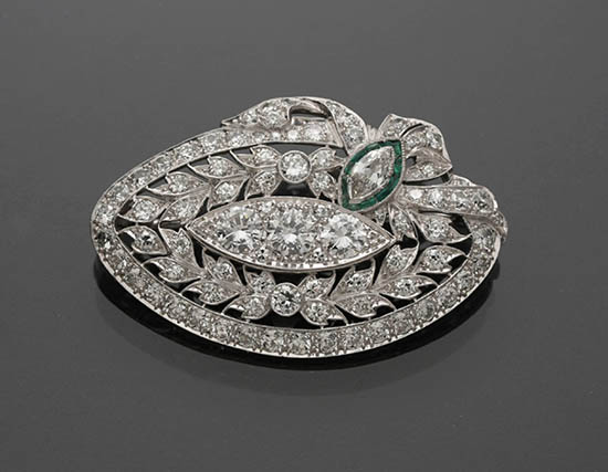 Appraisal: Art Deco Tested Platinum Diamond and Emerald Brooch Circa The