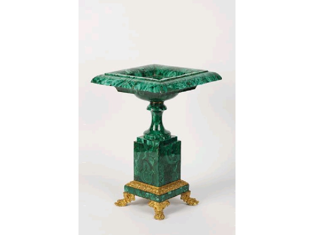 Appraisal: AN IMPORTANT RUSSIAN MALACHITE TAZZA on a square base with