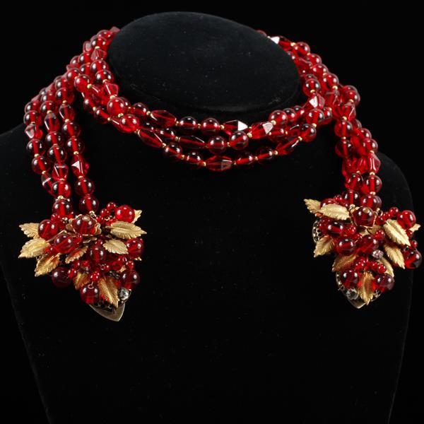 Appraisal: Unsigned Haskell Wrap Red Beaded Necklace with Fur Sweater Clips