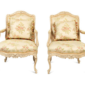 Appraisal: A Pair of Louis XV Style Carved and Painted Fauteuils