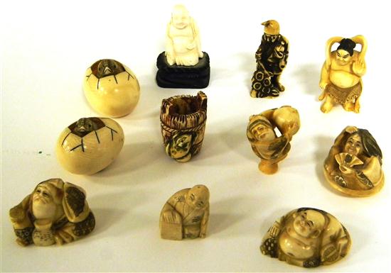 Appraisal: Carved ivory netsukes c along with other miniature ivory carvings