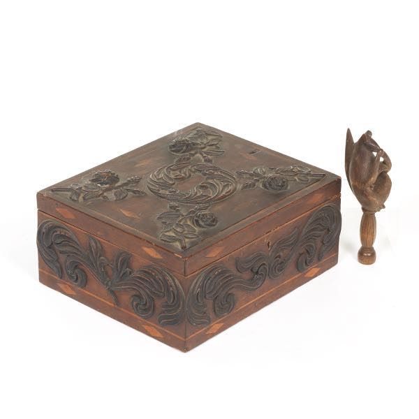 Appraisal: Black Forest Carved and Marquetry Chest and Squirrel Nut Cracker