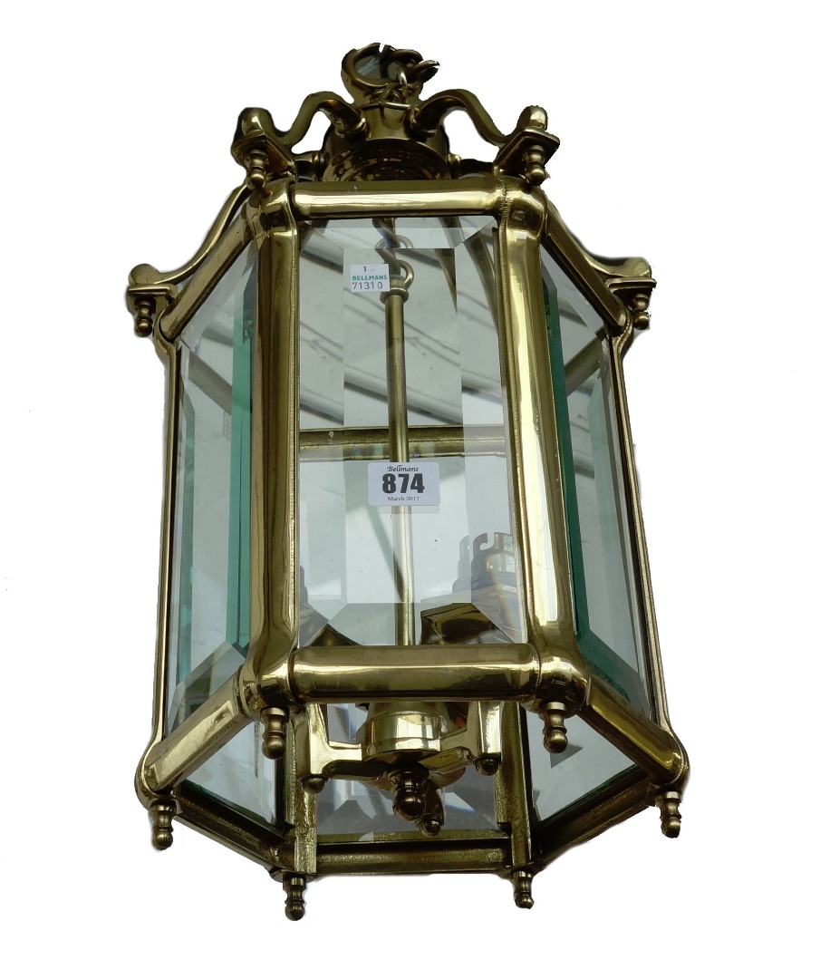 Appraisal: A brass hexagonal hall lantern th century with inset bevelled