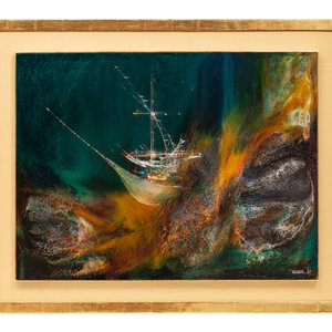 Appraisal: Leonardo Nierman Mexican b Enchanted Ship Acrylic on Masonite signed