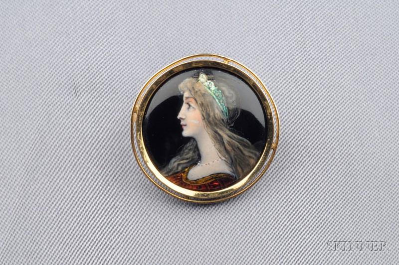 Appraisal: kt Gold and Limoges Enamel Brooch depicting a maiden in