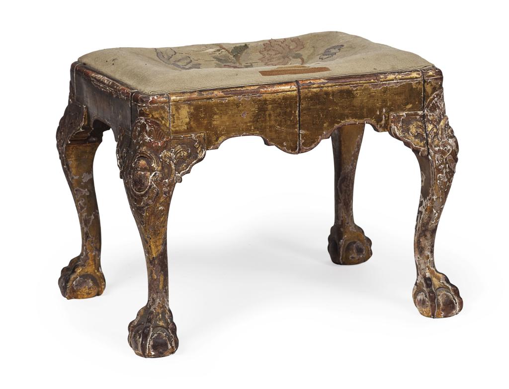 Appraisal: GEORGE I STYLE GILTWOOD STOOL TH CENTURY with a needlework