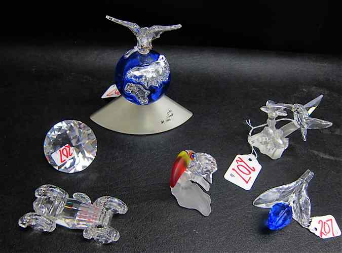 Appraisal: SIX SWAROVSKI CUT CRYSTAL FIGURINES Toucan ''H Hummingbird ''H racecar